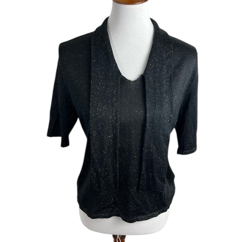 Dana Buchman Black Metallic Knit Short Sleeve Large Vintage Hong Kong Glitter